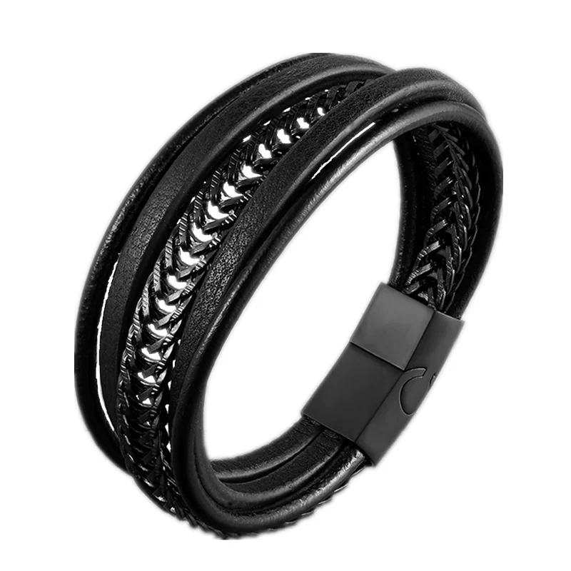 Fashion Geometrically Irregular Graphics Stainless Steel Genuine Leather Bracelet Black Color Accessories Chain Jewelry For Men