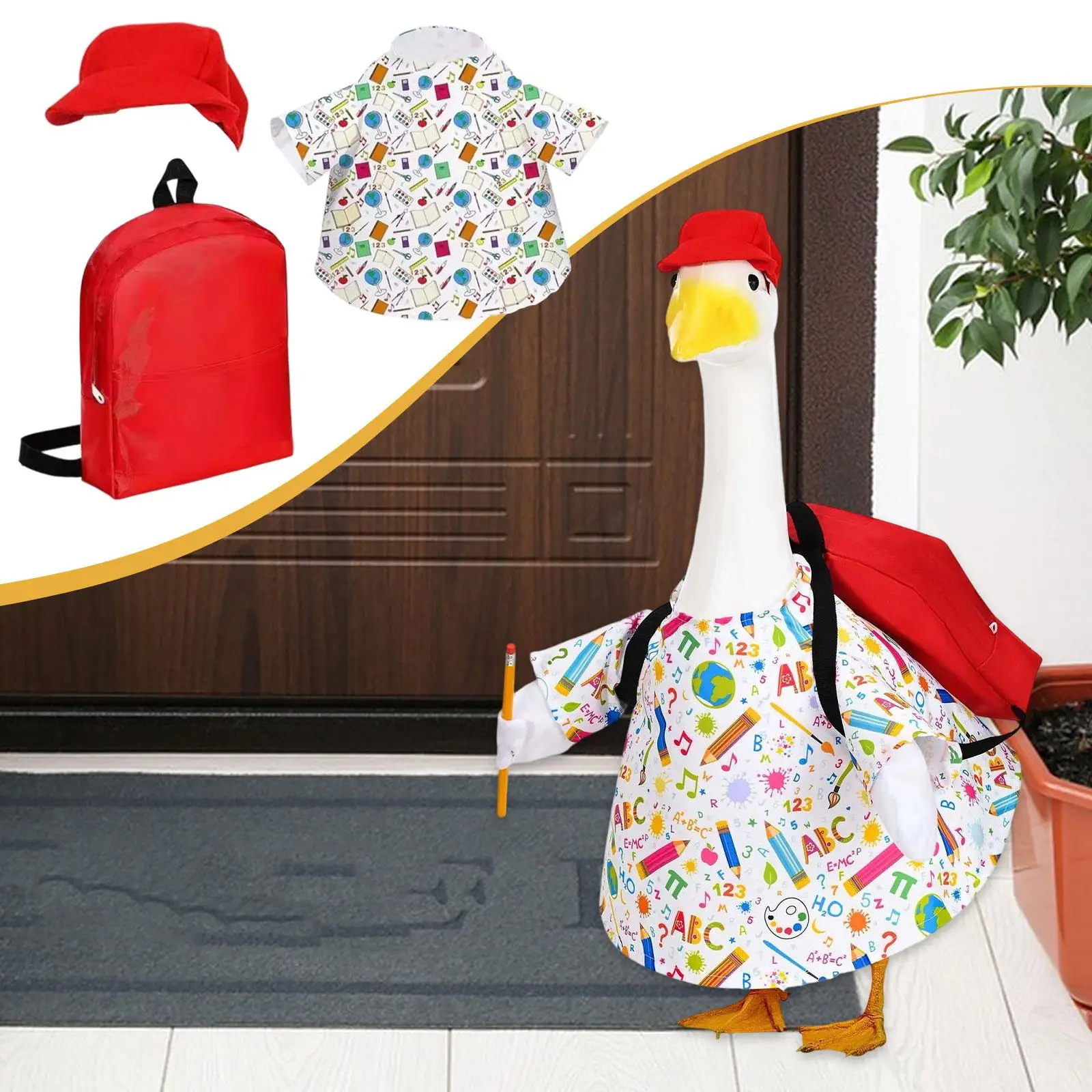 

Комплект костюма гуся на крыльце, платье с принтом, шляпа, рюкзак, обратно в школу, милый, на открытом воздухе