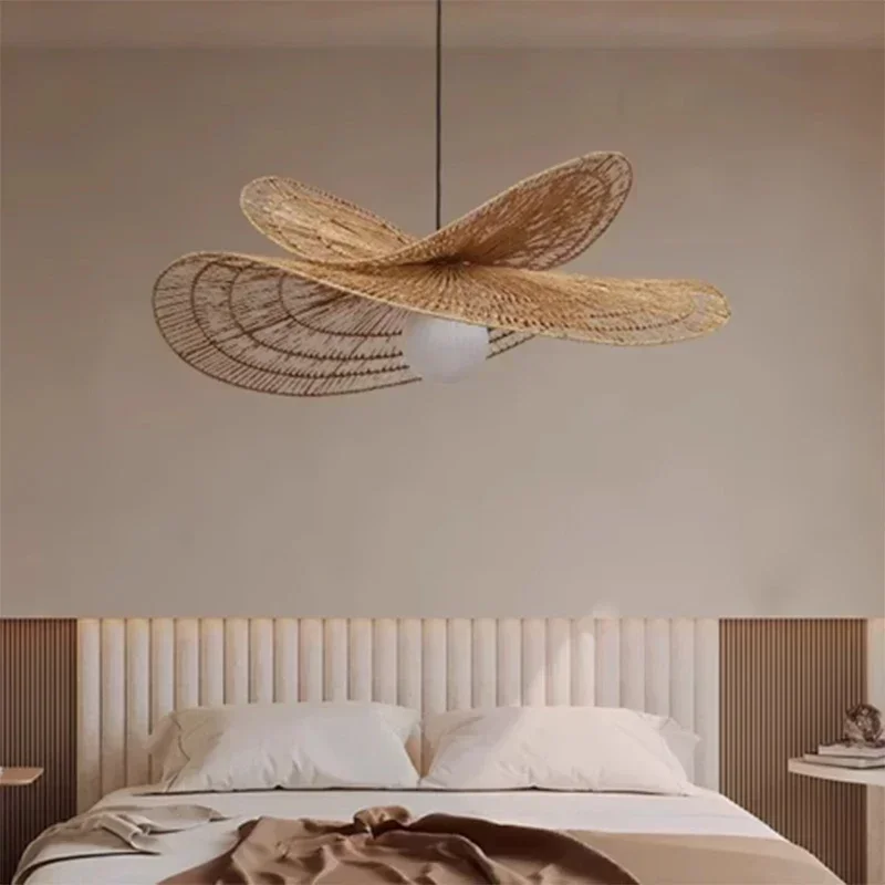 Wabi-Sabi Style Pendant Lights For Bedroom Living Room  Rattan Hand-Woven Lamp Restaurant Home Decor Chandeliers G80 Bulb