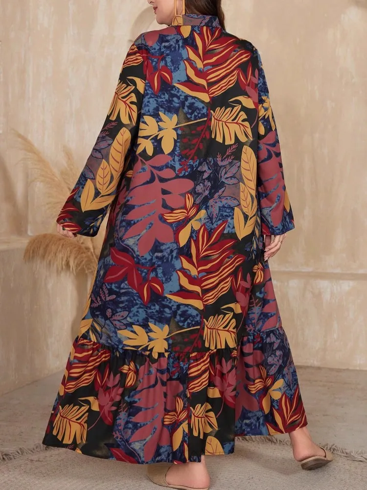 Sukienka maxi plus size na jesień i zimę, nowy wzór, dopasowany krój, elegancki styl, długi rękaw, kołnierzyk, modna, wyszczuplająca.