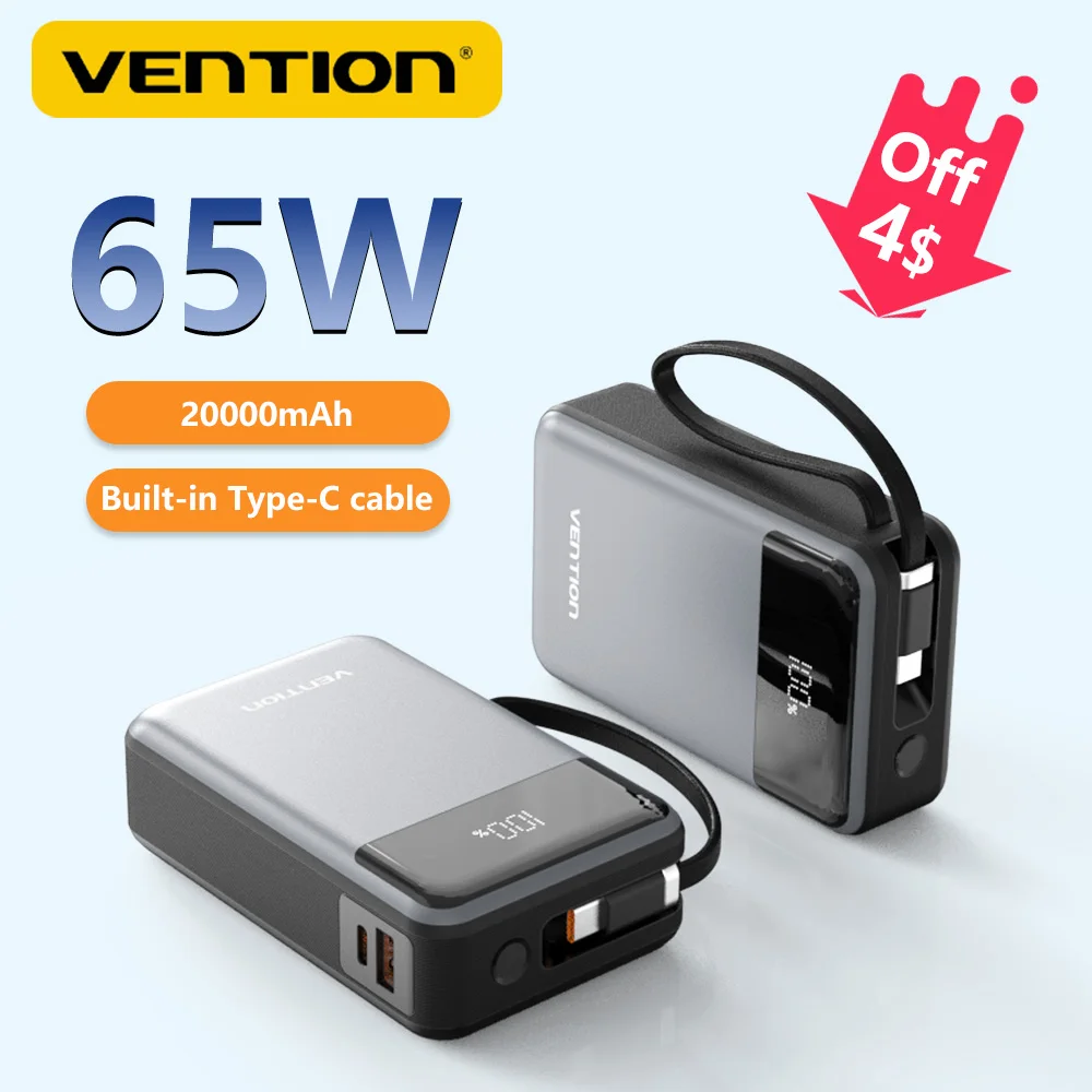 

Vention 65W Power Bank 20000mAh Portable Auxiliary Battery PD Charger Built-in USB Type-C for laptops for iPhone 16 Fast Charge