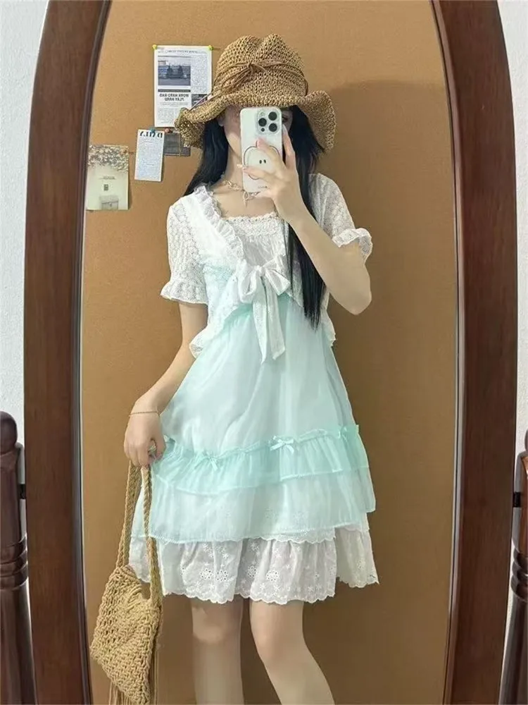 Japanese Kawaii Sweet Cute 2 Piece Set Women Short Lace Tops + Polka Dot Dress New Fit Chic Pink Fluffy Retro Suit Summer 2025 view 3