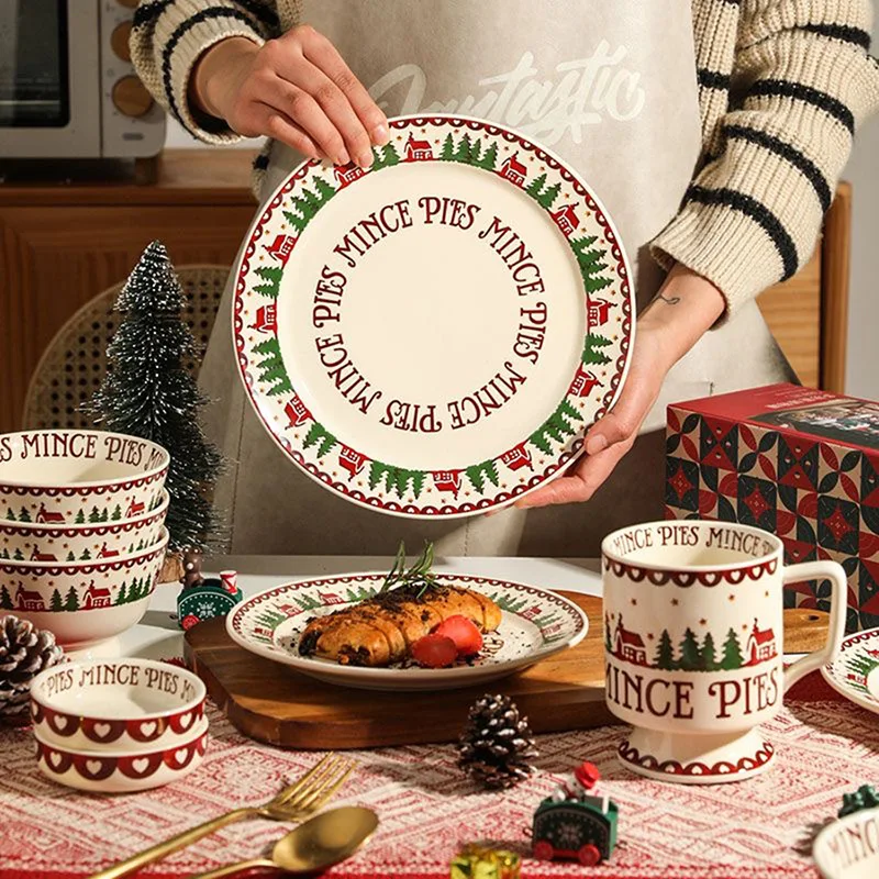 

Christmas Tableware Set Nordic Retro Coffee Mug Round Dinner Plates Household Fish Plates Ceramic Bowls Dishes Kitchen Supplies
