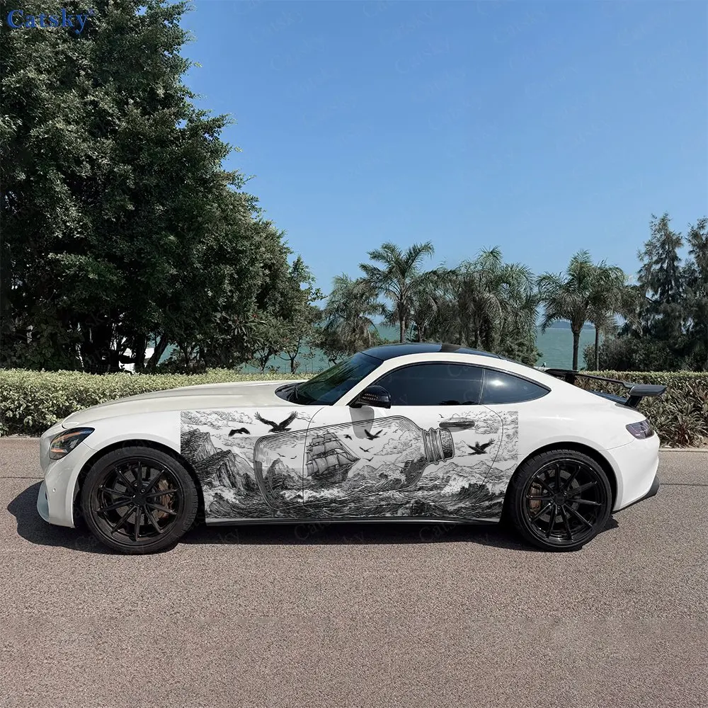 2pcs The Boat In The Bottle Car Sticker Full Body Decal Decoration Scratches Protect Car Sticker Waterproof Car Vinyl Wraps