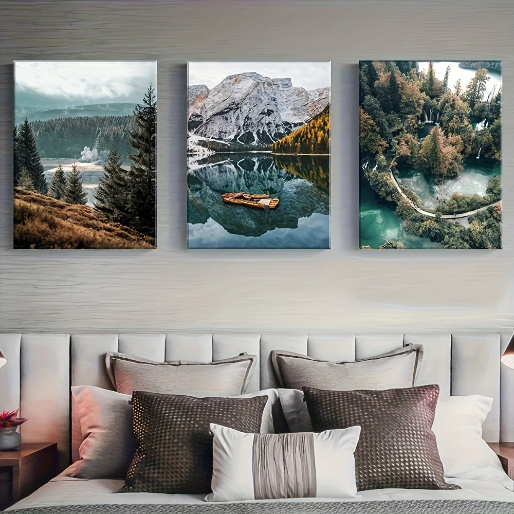 （3PCS NOFrame）-3pcs Unframed Nordic Style Natural Landscape Forest Lake Boat Mountain Painting Canvas Art Print, Large Size D