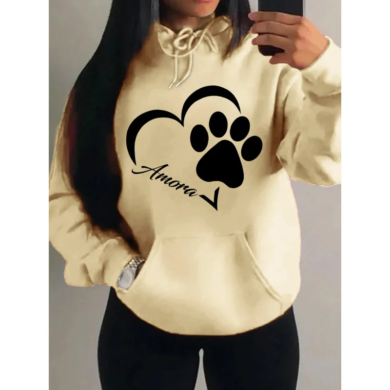 Liebe und kleine Katze Fuß kreativer Druck Frauen Hoody Mode Herbst Sweatshirt Tasche Hoodie Sport Stil bequemer Pullover