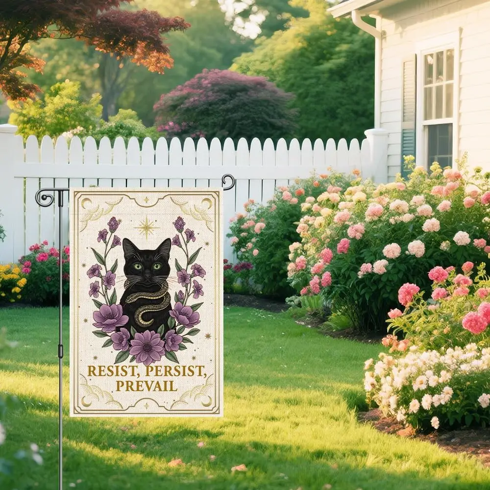 Resist Persist Prevail Garden Flag, Feminist Snake Cat Yard Decor, Empowerment Political Statement Justice Banner, Black Cat EEZ