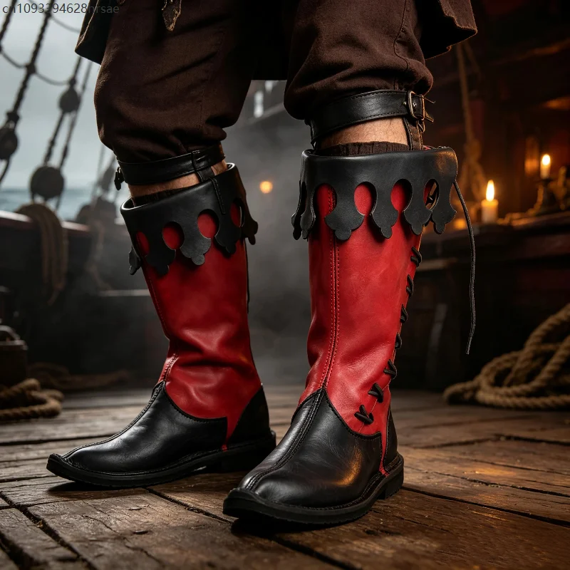 Medieval Men Pirate Boots Red Black Contrast Color Leather High-shaft Boots Renaissance Gothic Cosplay Party Costume Shoes