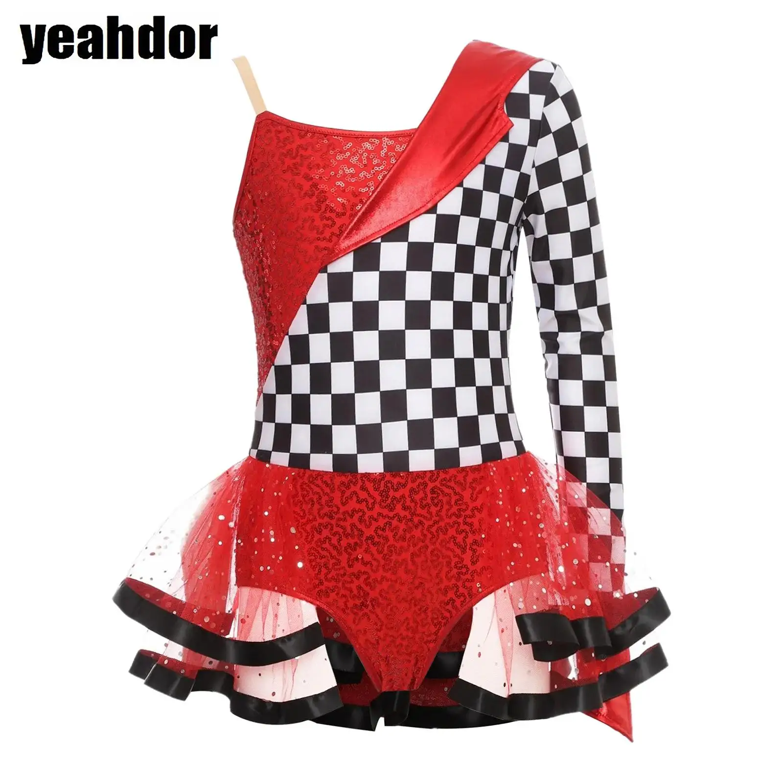 

Girl Sequin Ballet Tutu Dress One Shoulder Single Sleeve Checkerboard Racer Costume Halloween Race Car Driver Fancy Dress Up