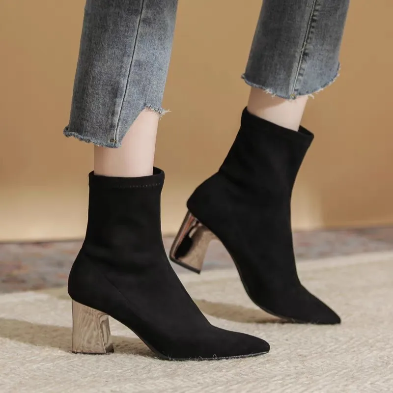 Botines de Tobillo con Flocado Sólido 2025, Zapatos de Mujer con Punta en Pico, Tacones Altos Cuadrados Elásticos, Botines Cortos Negros de Moda Tipo Calcetín