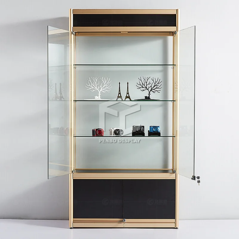 2025customized.2021 Modern Silver glass display cabinet with Double Glass Door & Spotlight