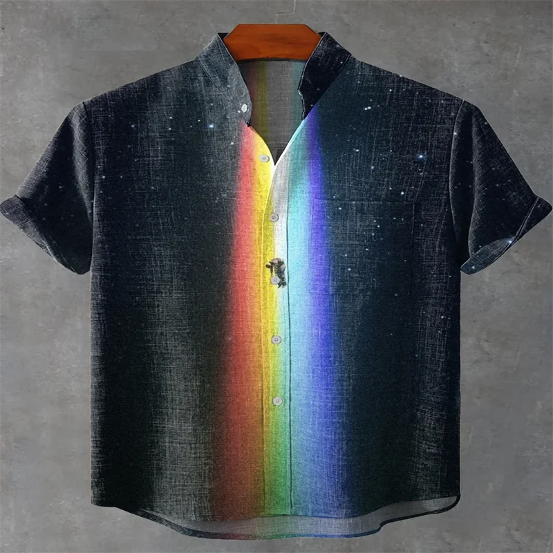 Men's Linen Short Sleeve Stand Collar Shirt Vintage Purple Art Starry Sky Printed Casual Shirt Fast Shipping