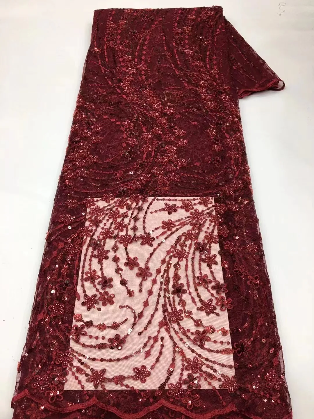 

African High Quality Lace Fabric 2024 Wine Red French Net Sequins Fabric Sewing Embroidered Lace In Tulle Nigerian Fabric 5 Yard