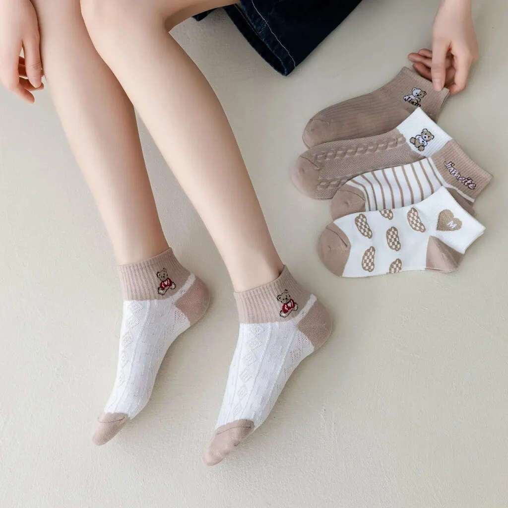 5 Pairs Socks Sets Women Elegant Retro Polyester Cotton Low Tube Women Socks Breathable Japanese Style Casual Cotton Short Sock