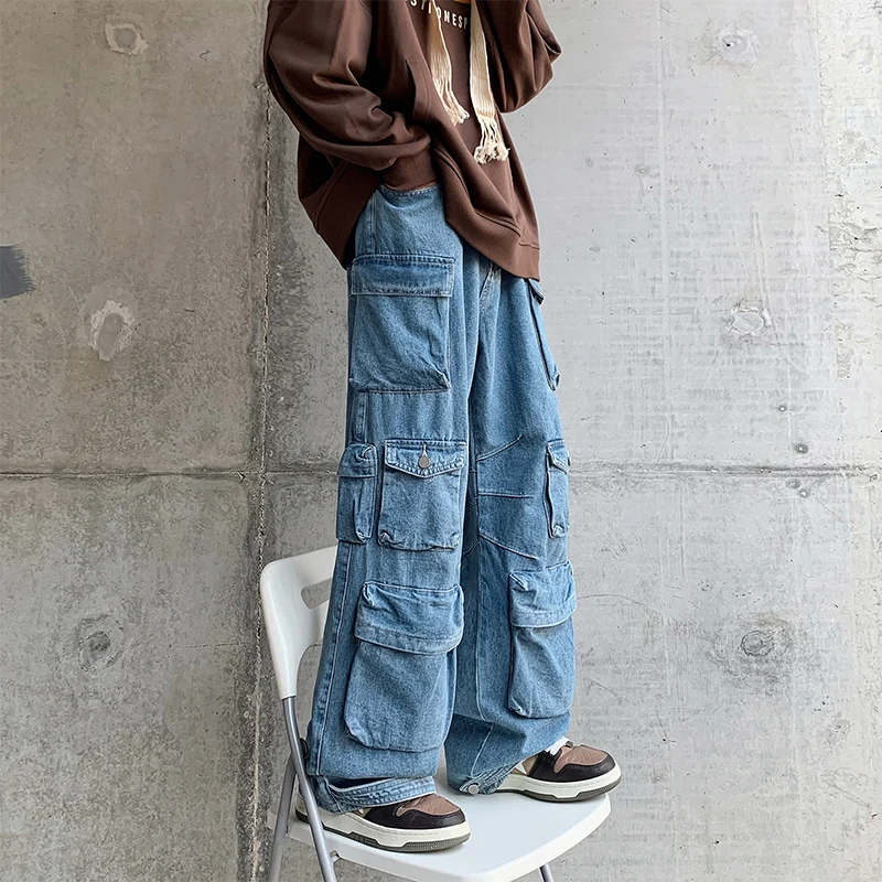 Casual Straight Leg Men's Workwear Jeans Multi Pocket BF Cool Loose Fit Vintage Japanese Style Long Pants All Season Youth Fa...