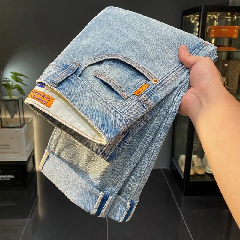 Men's Summer Light Blue Denim Pants, Vintage Style, Washed, Faded, Stretch, Slim Fit, Straight, Versatile, Daily Casual