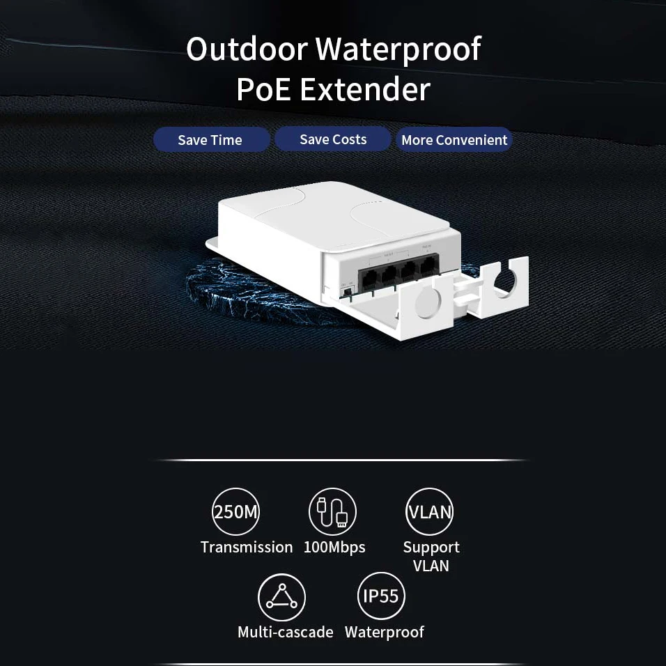 4 منافذ مقاومة للماء POE موسع جيجابت مكرر 100/1000Mbps شبكة خارجية IP55 VLAN 44-57V لكاميرا POE Wierless AP