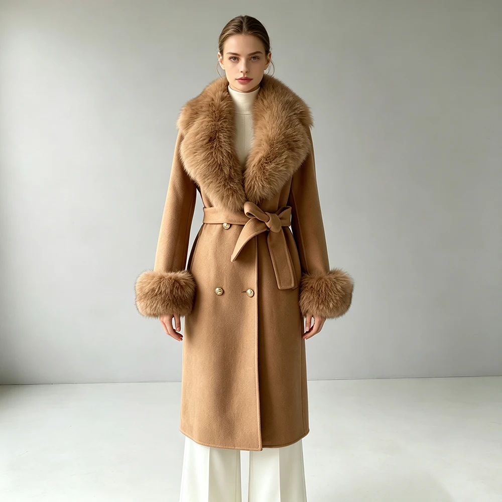 Jxwatcher Wool Coats and Blends Real Fox Fur Collar and Cuffs Ladies Autumn Winter Fashion Long Trench Solid Full Sleeve Coat