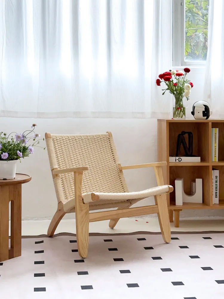 

PYJ solid wood armrest rattan chair household living room balcony backrest reading chair simple lazy chair