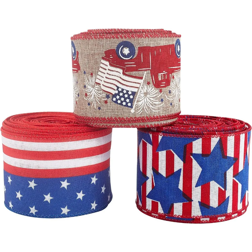 

30 Yards 3 Styles Grosgrain Ribbon Set USA Flag Themed Stripe Wired Edge Ribbon Stars and Stripes Wired Ribbon for Wreath