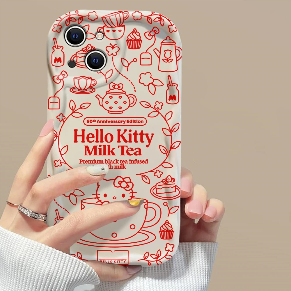 Cute Milk tea Red Hellos Kittys 3D Wave Case For iPhone 15 14 13 12 11 Pro Max Mini X XR XSMAX 8 7 6S Plus Soft Silicone Cover