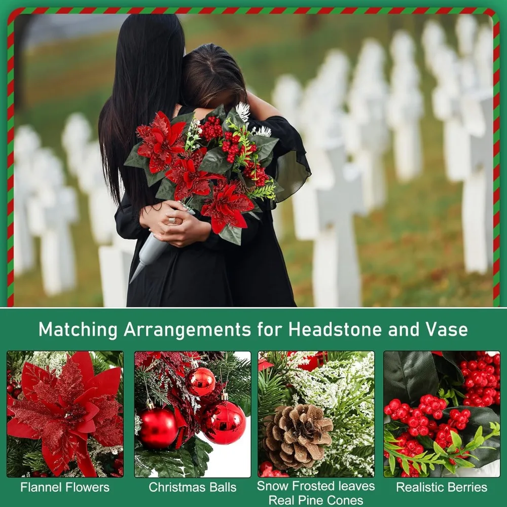 Flores artificiales de cementerio, sillín de flores de Navidad esmeriladas de nieve con cinta, ramos conmemorativos de Poinsettia roja