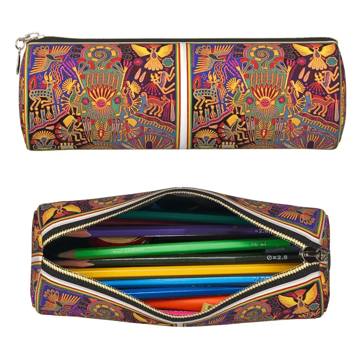Huichol Mexican Heritage Pencil Case Pen Holder Cylinder Pen Box Pencil Bag for Kids Gifts