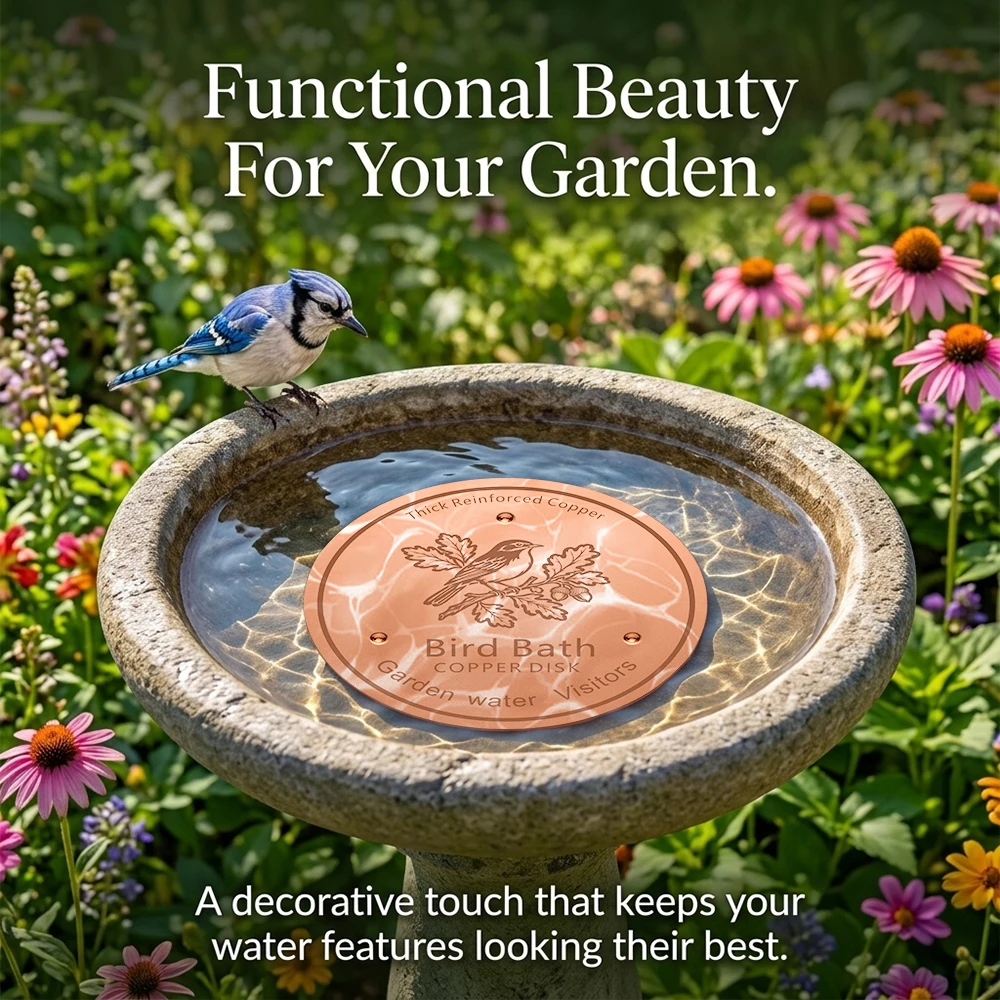 Thick Reinforced Copper Bird Bath Disk with Bird and Oak Leaf Pattern Garden Water Feature Decor