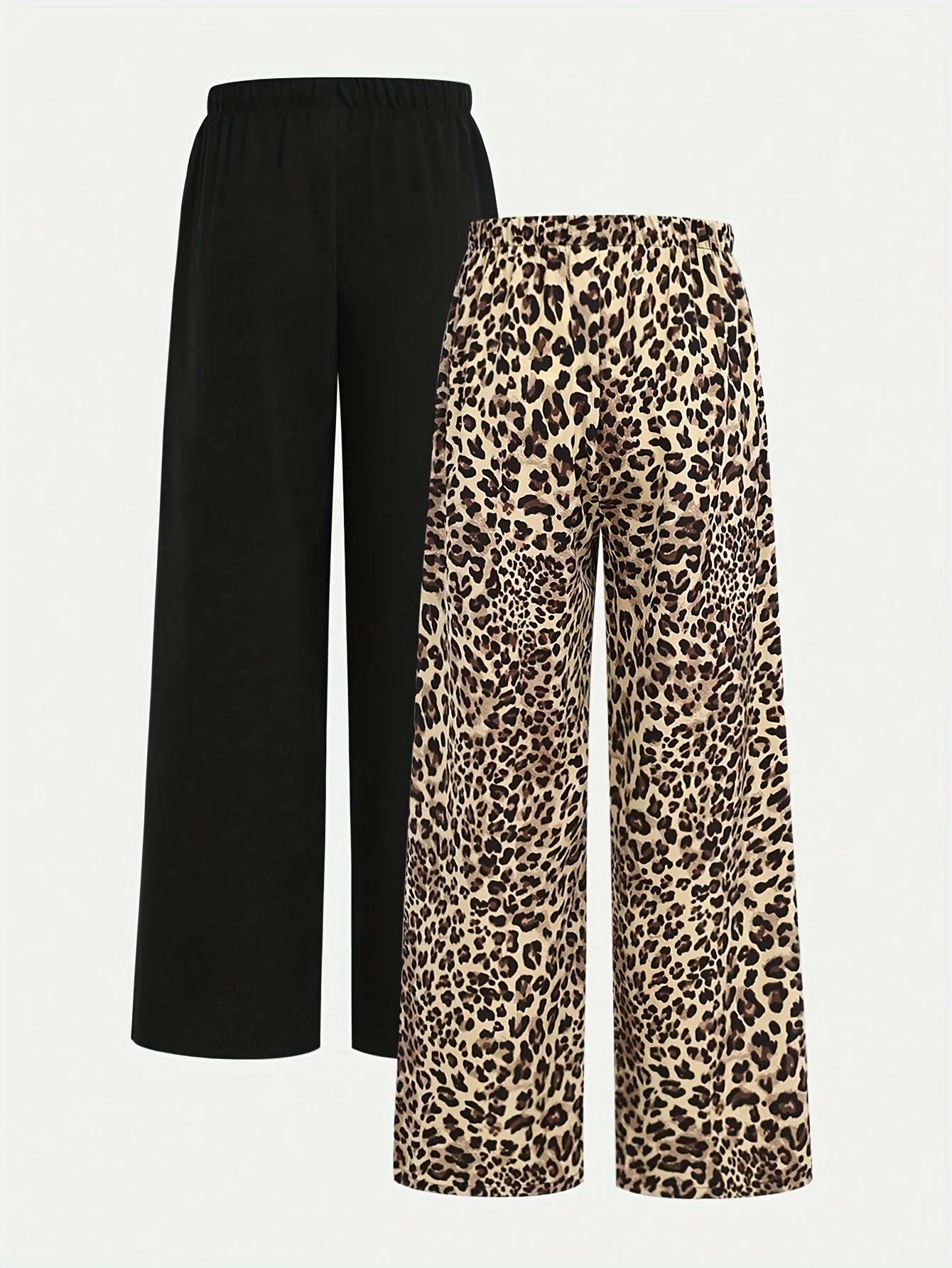 2er-Pack Mädchen-Hosen mit weitem Bein, Leopardenmuster und einfarbig schwarz, elastische, lässige, lockere Hosen mit hoher Taille – Detail 4