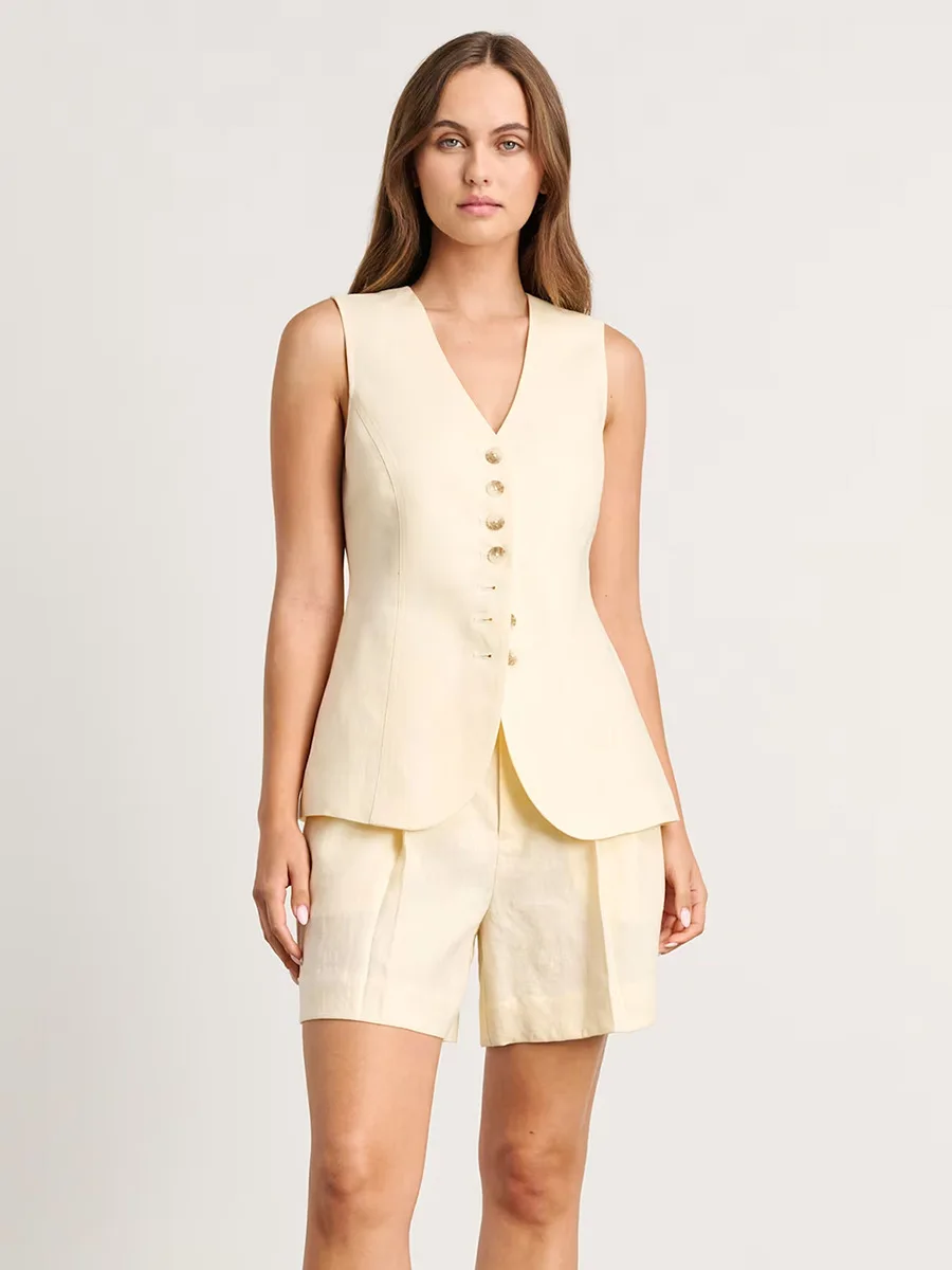 

2025 Casual Cotton linen Vest Shorts Set Women Solid Single Breasted V-neck Tops High Waist Short Pants Summer New Lady Suit