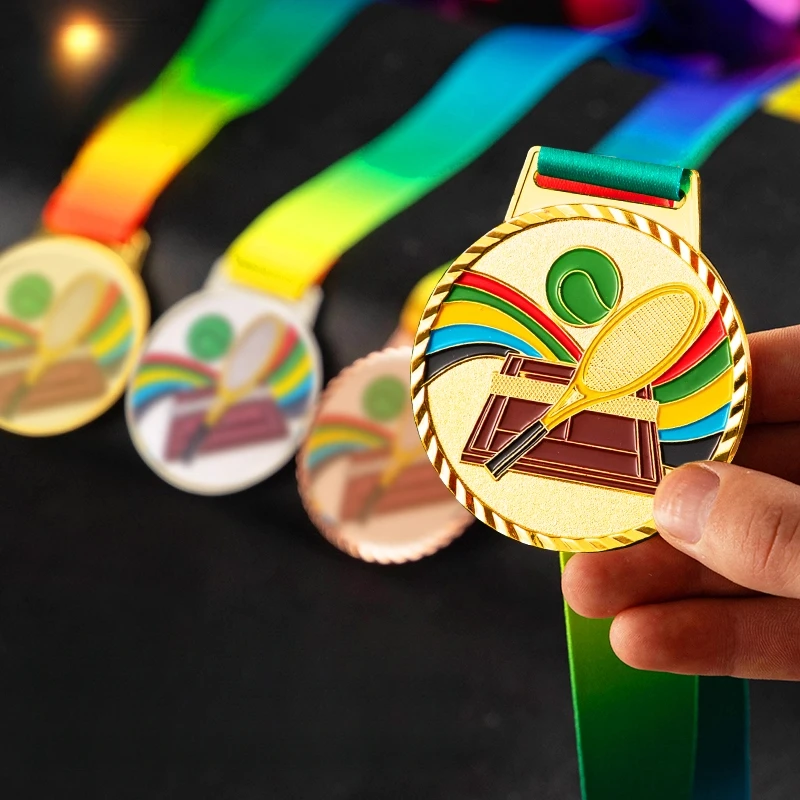 Common tennis competition medals - gold, silver, bronze. Customized content for students of schools.