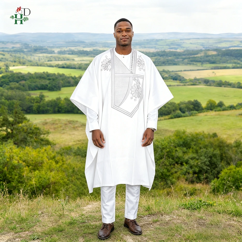 H&D African Clothes for Men Traditional Rich Bazin Original Embroidery White Clothing Men 3 PCS Set Wedding Party Occasion 2024