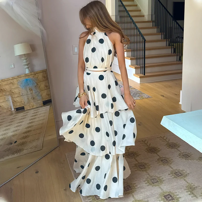 

TARUXY Polka Dots Printing Skirt Suit Female Fashion Halter Neck Sleeveless Top Cake Skirt Women's Suit Summer Holiday Party Set
