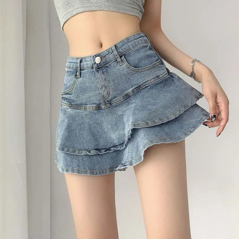 Streetwear Y2K Sexy Denim Skirt Women Korean Ruffles A Line Slim High Waist Mini Skirt Female Summer Preppy Style Jeans Skirt