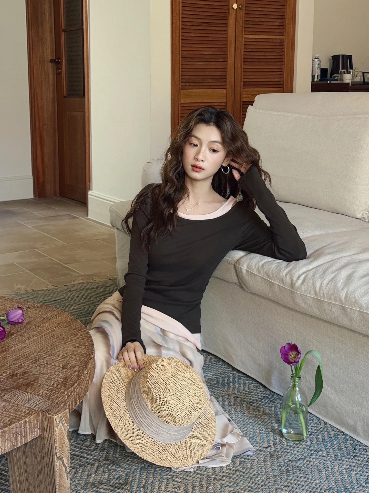 

Pink Knitted Faux Two-Piece T-Shirt Waist-Cinching Long Sleeve Color Block Versatile Shoulder-baring Top for Women Spring Sum...