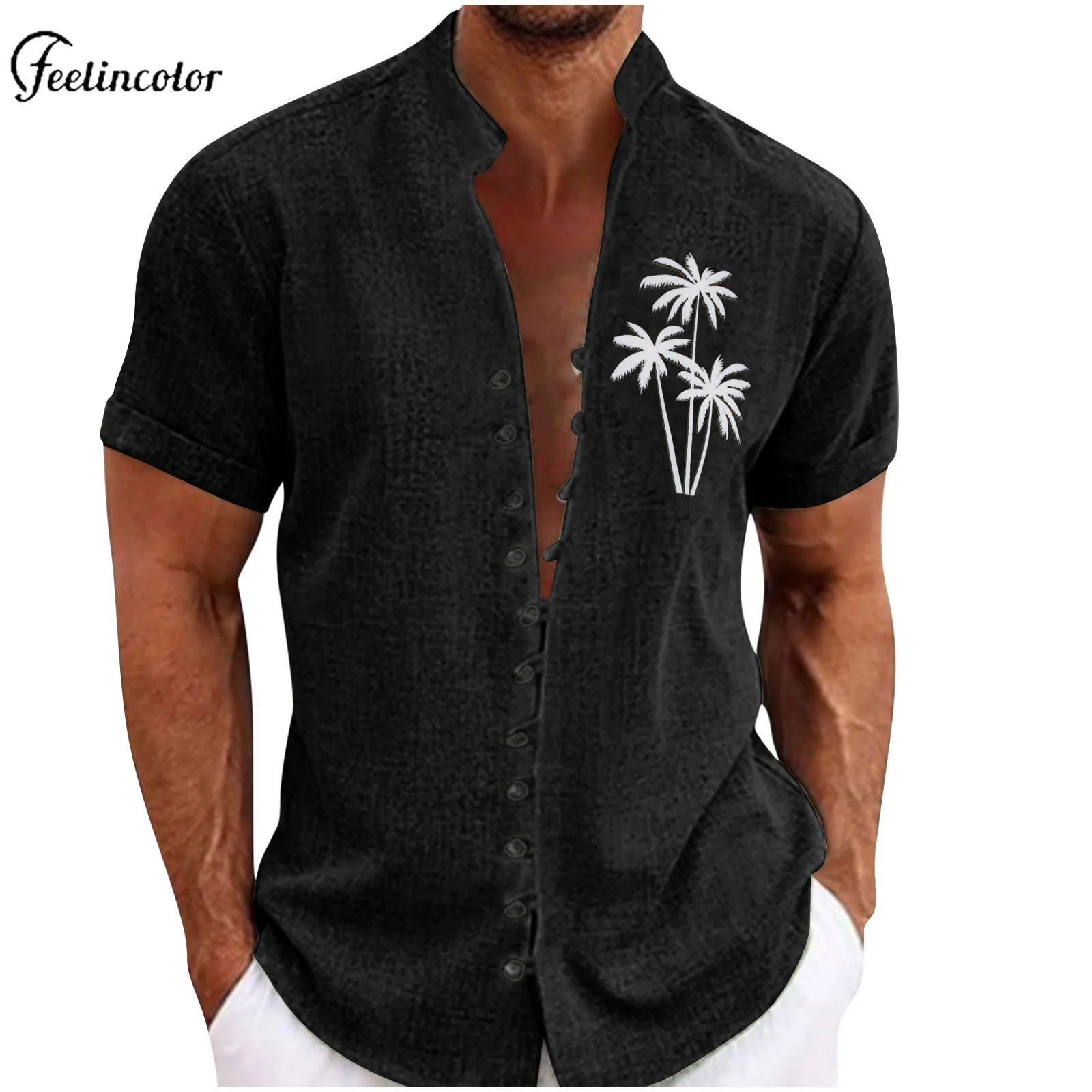 Casual Coconut Tree Print Men's Shirt Stand-up Collar Short Sleeved Tops Summer Holiday Beach Clothing Daily Shopping Streetwear - Image 5