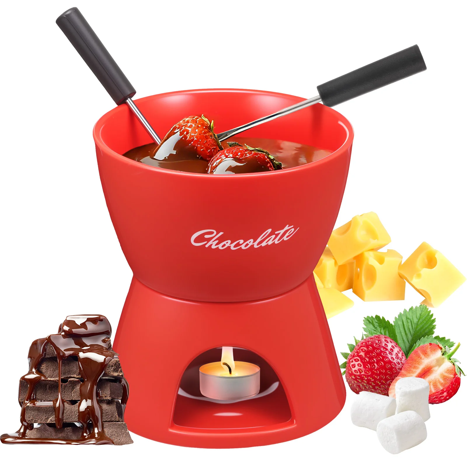 Juego de Fondue de Chocolate de Cerámica con 2 Tenedores, Calentador de Mantequilla Portátil, Apto para Lavavajillas, para Chocolate, Queso, Caramelo y Crema