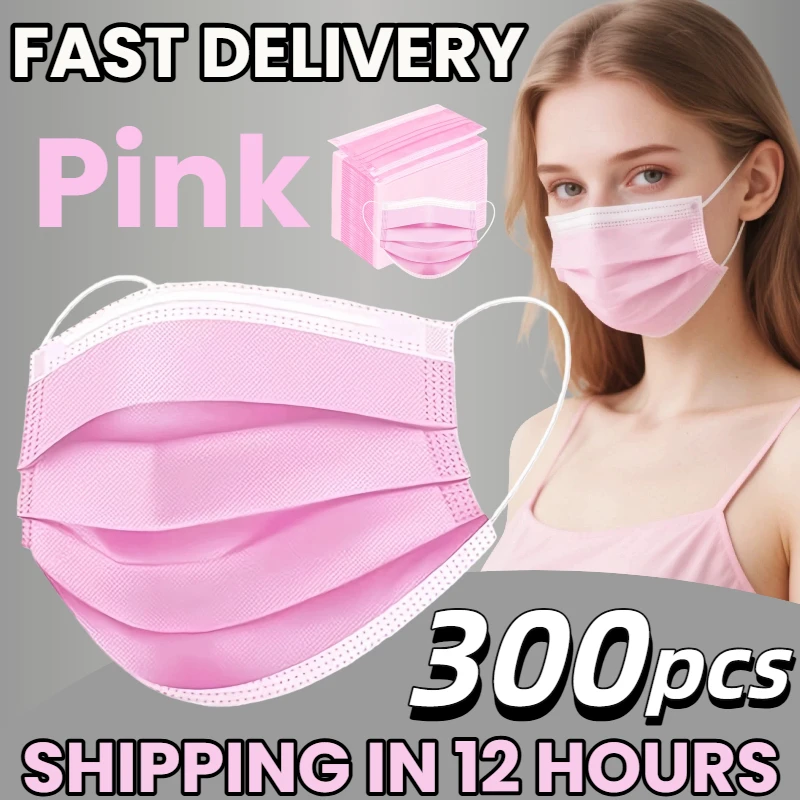 fast-delivery-300pcs-pink-disposable-protective-masks-3-layer-breathable-and-comfortable-with-adjustable-ear-loops-and-a-secure-fit-nose-pad-affordable-for-home-use-can-be-purchased-in-bulk-perfect-for-outdoor-activities-home-commuting-office-school-unisex-and-stylish