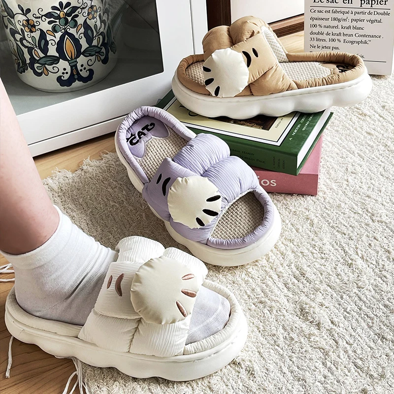 Casual Platform Slippers Women Home Cute Cartoon Cat Designer Shoes Girls Linen Fashion Popular Elegant House Slippers Open Toe