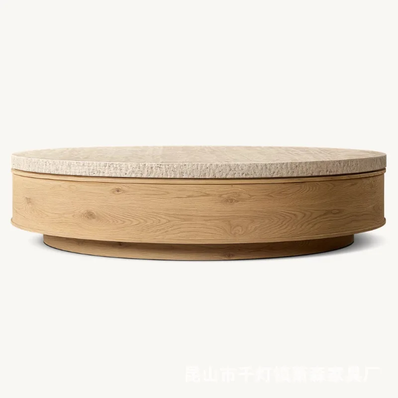 

American living room high-end solid wood coffee table modern cave stone round retro oak coffee table furniture