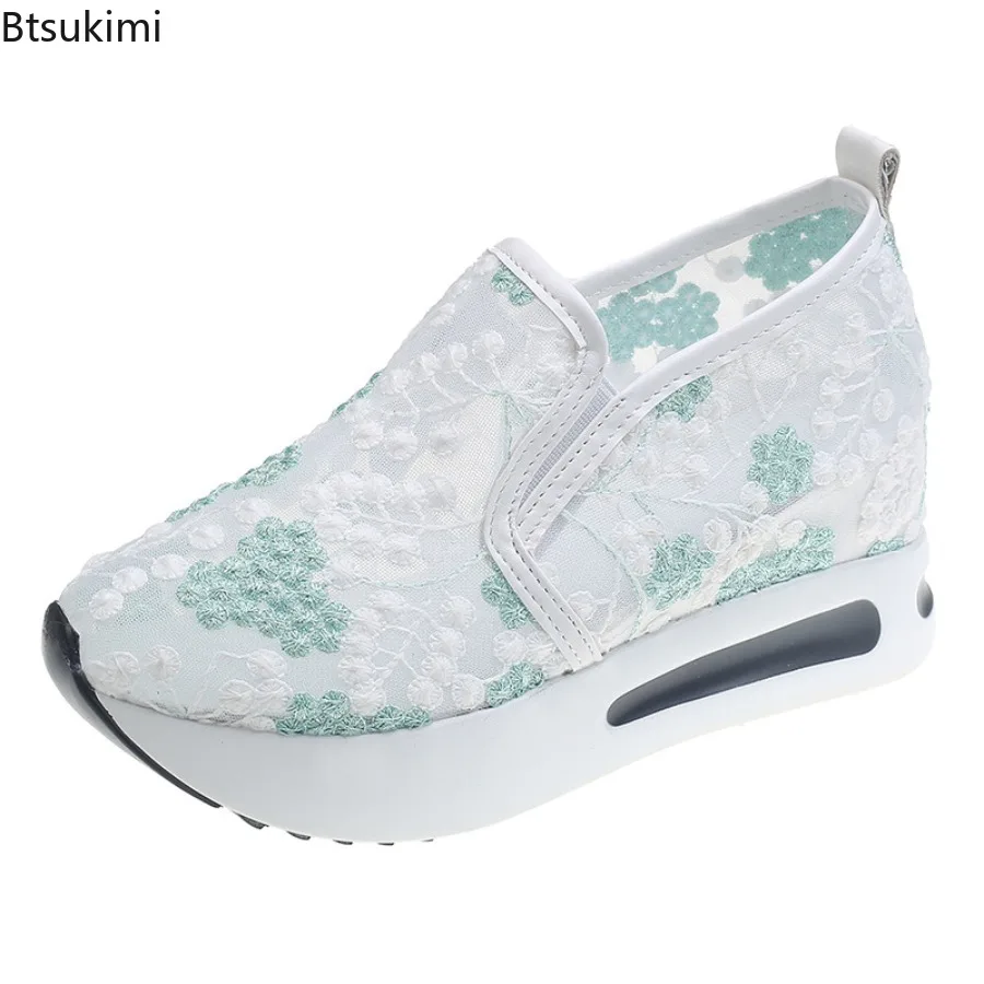 2025 Spring Women's Embroidery Thick Platform Sneakers Breathable Mesh Loafers for Woman Slip on Wedge Heels Casual Ladies Shoes
