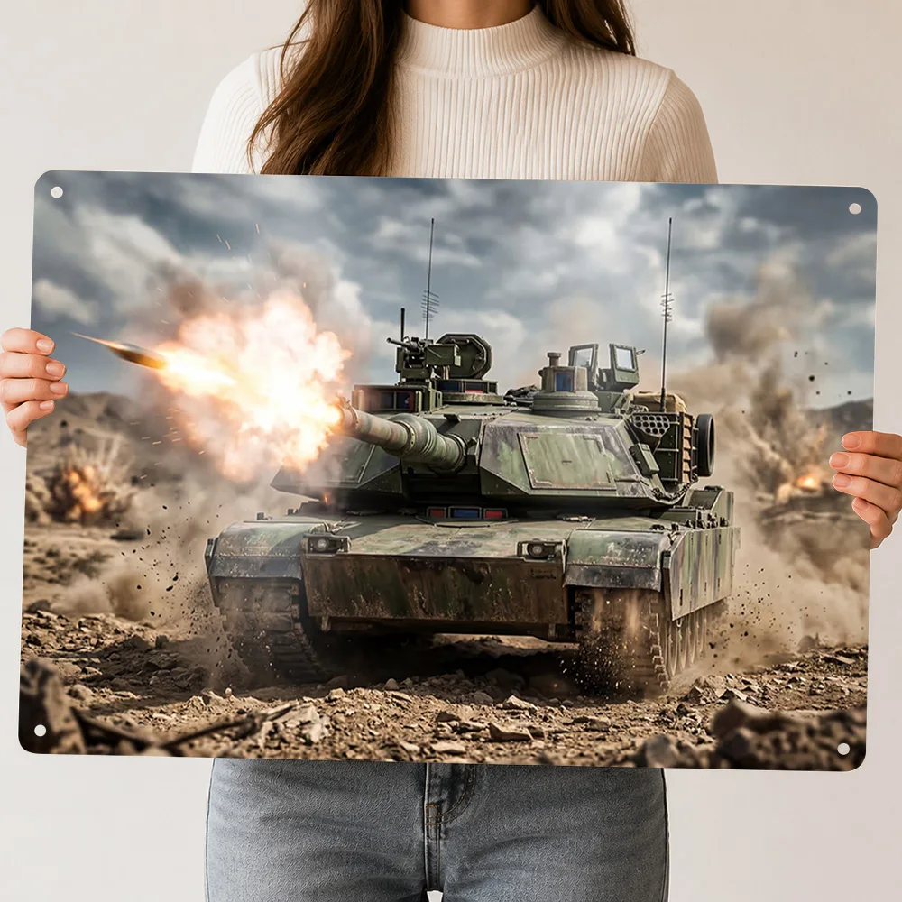 Tank Firing Missile in Desert Metal Poster Perfect Gift for Fans Lovers Personalized Wall Art Metal Sign for Garage Decoration