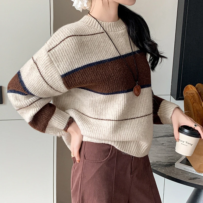 

High Quality Striped Knitted Sweater Women Fall Winter Korean Loose O Round-neck Jumpers Retro Long Sleeves Streetwear Tops New