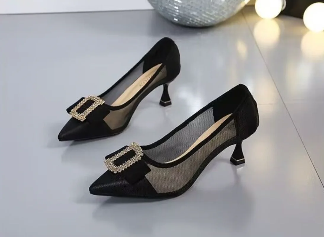 Letnie sandały damskie na średnim obcasie Buty dla kobiet 2024 Rhinestone Crystals Stilito Black Pointed Toe Diamond A E