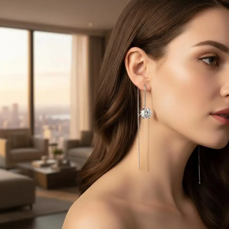 Moissanite Dangle Threader Earrings 6mm Round Long Tassel Sparkling Fashion Jewelry for Women Christmas Gift