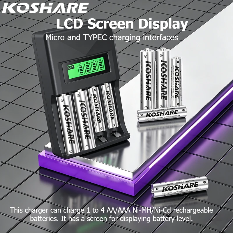 KOSHARE 2800mAh 1000mAh Rechargeable Batteries AA AAA 1.2V Ni-MH Battery For Toys With 4 Slot LCD Display Smart Battery Charger