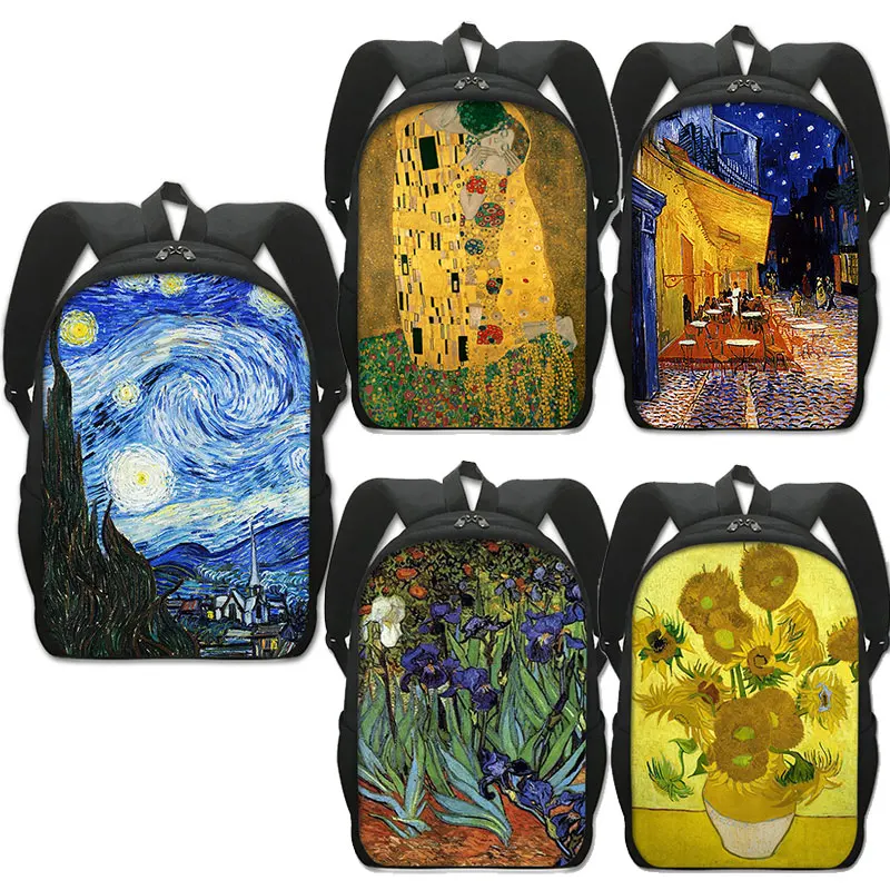 Starry Night Sunflower Kiss Oil Painting Backpack  Van Gogh Monet Klimt School Bags Women Men Rucksack Student  Laptop Backpacks