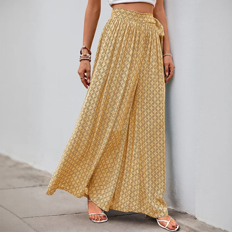 Summer Autumn 2025 Wide Leg Pants Loose Casual Vacation Beach Tie High Waist Long Trousers Comfortable Loose Printed Trousers