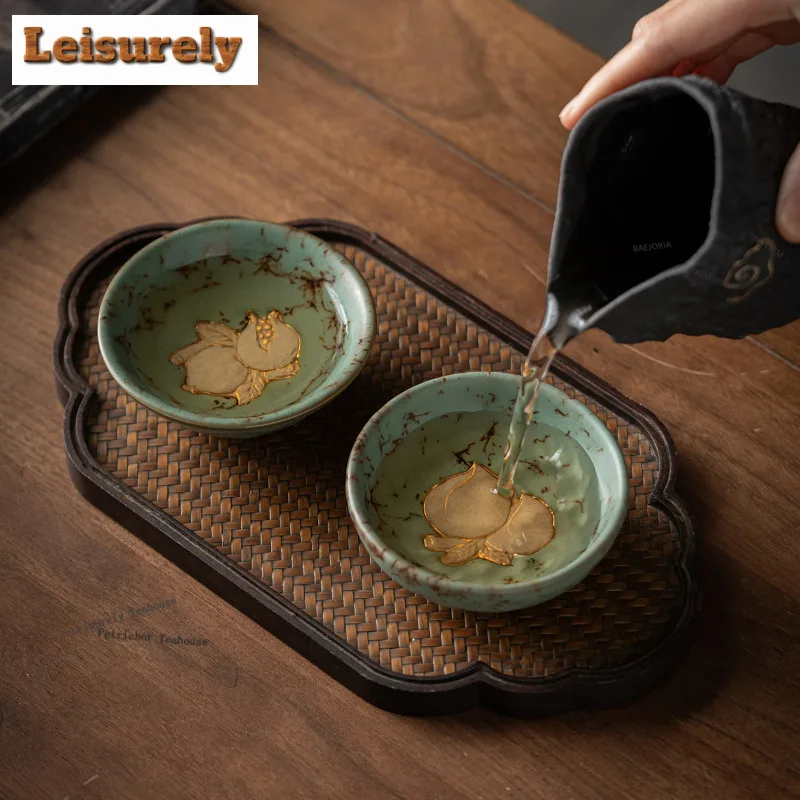 Gold Drawing Moss Glaze Teacup Boutique Tea Bowl Tea Pair Tea-tasting Smelling Cup Chazhan Master Cups Teaware Accessories Craft