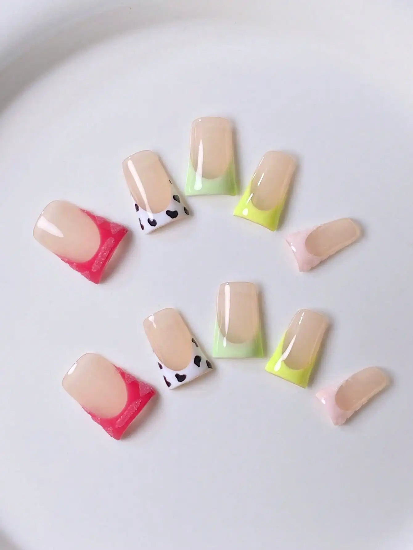 10 Stück reine handgemachte Entennägel, mehrfarbig, französisches Kuhmuster, Pulver, Creme, Puder, niedlich, modisch, leicht, falsche Nägel